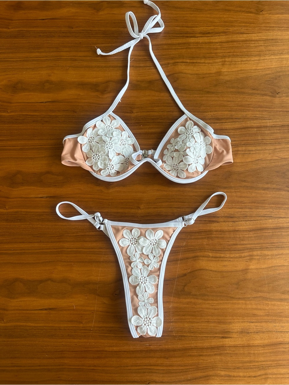 Peach Bikini Set with White Floral Appliqué